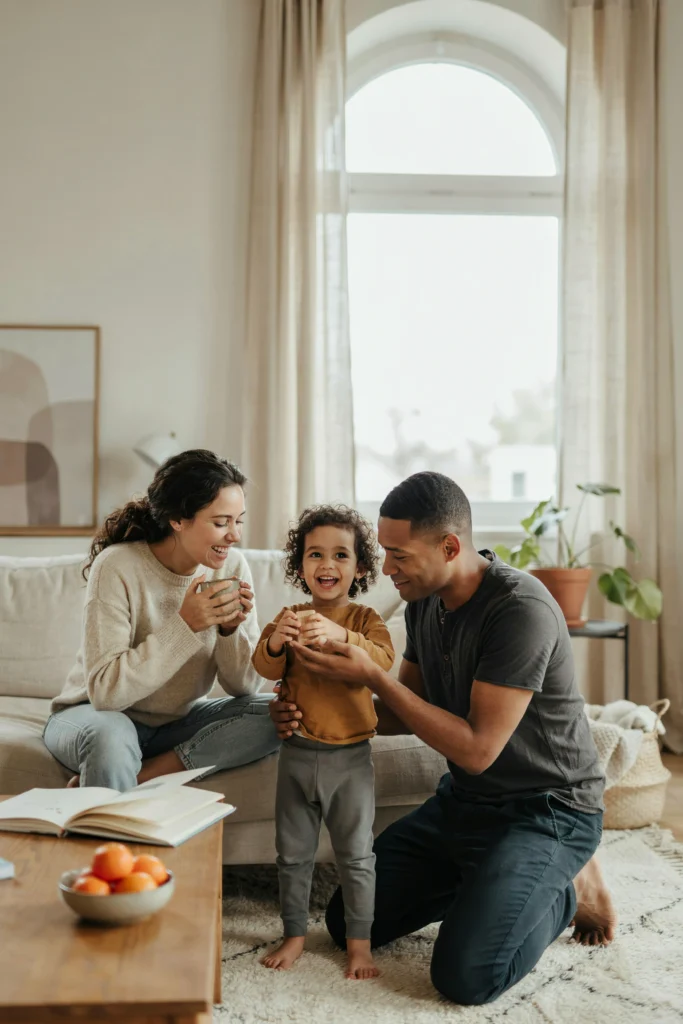 Parents laughing with their toddler in a bright living room
